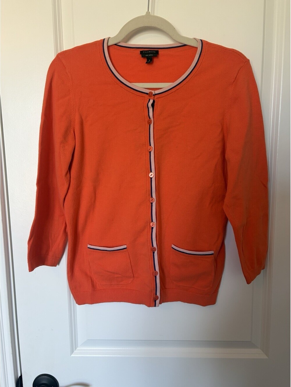 Talbots Womens Small Crewnevk Cardigan Sweater Orange Pima Cotton